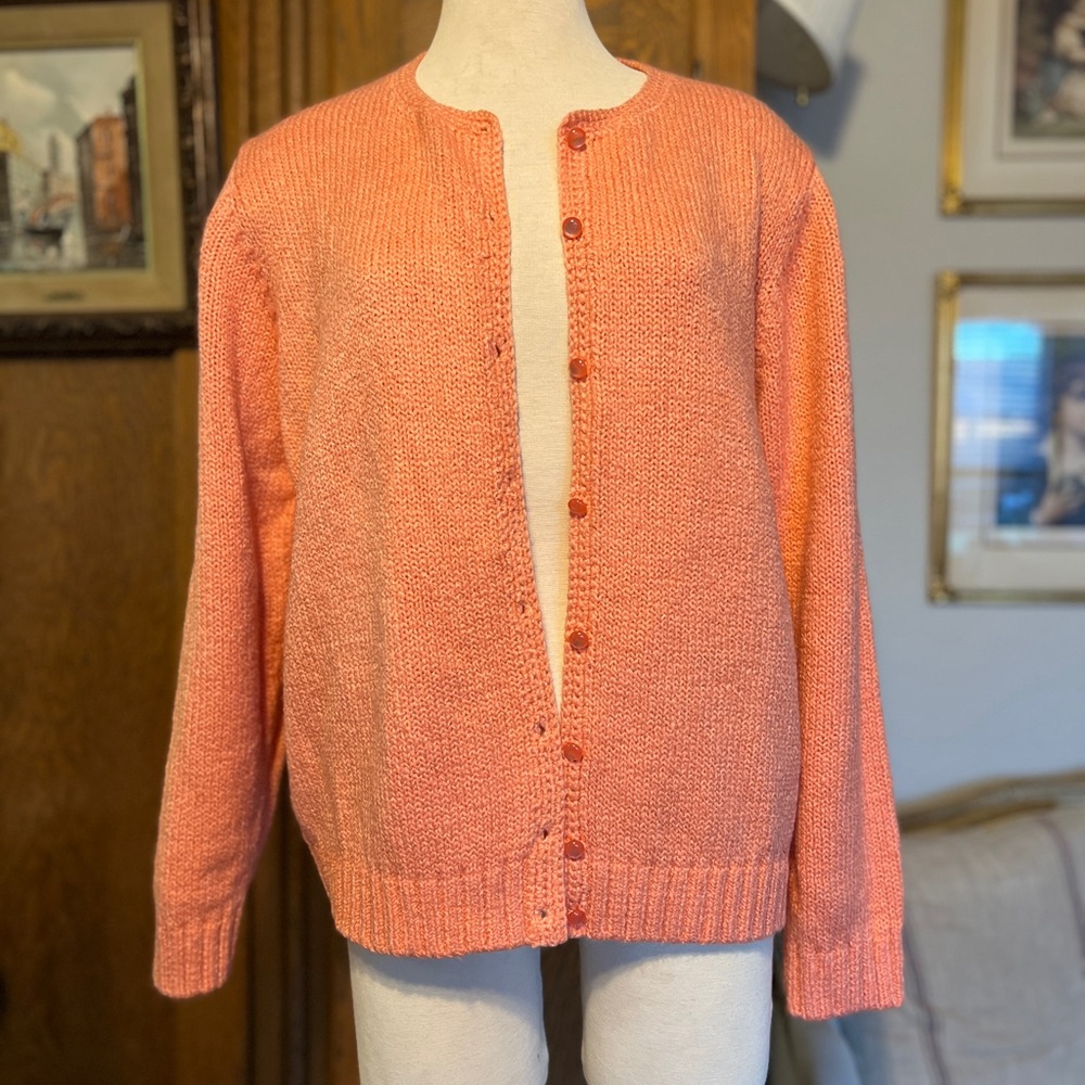 Women's Vintage Grandma Coral Pink Cardigan Sweater Hand Loomed